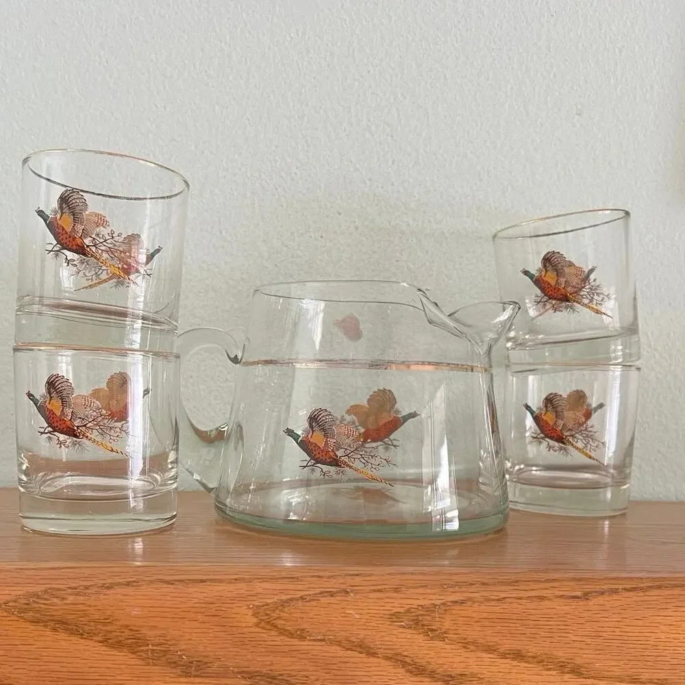 MCM West Virginia Glass Pheasants hand made juice pitcher and four juice glasses